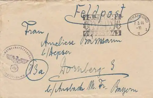 Feldpost Stralsund 1944 vers Dornsberg /Ansbach avec contenu de lettre, WHW 10 ans