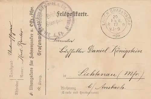 Feldpostkarte 1917 Lager Grafenwöhr,Bay. Übungskurs für Fahnenjunker/Offiz. Anw.
