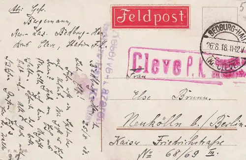 Carte de Bad Cleve 1918 comme poste de terrain, Lhospitalt comme courrier de champ après Neukölln