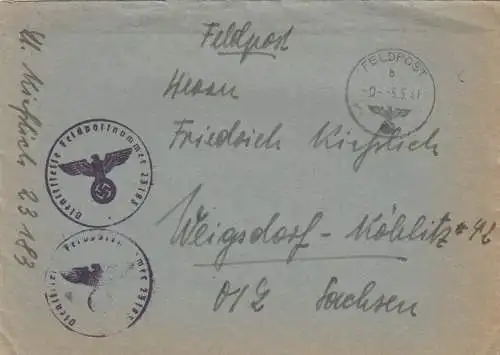 Feldpostbrief 1941, FP Nr. 23183 nach Weigsdorf mit Briefinhalt