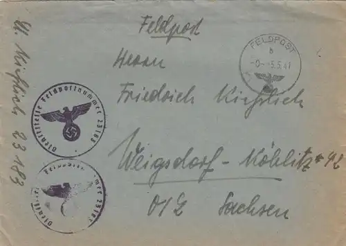 Lettre postale de champ 1941, FP n° 23183 à Weigsdorf avec contenu de la lettre