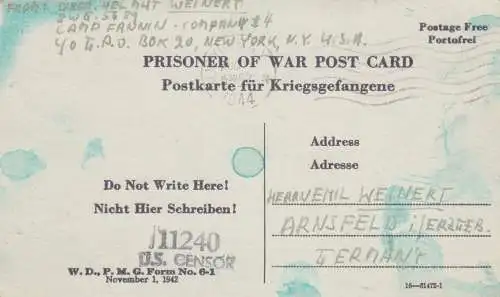 1944: PoW - Post card New York to Arnsfeld, censor