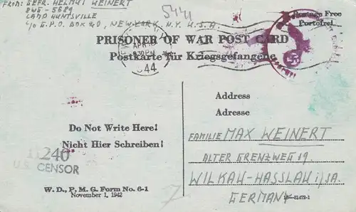 PoW - Post card New York to Wilkau-Hasslau, OKW censor, US-censor 1944, 