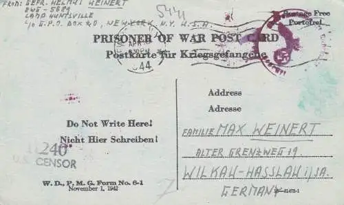 PoW - Post card New York to Wilkawa-Hasslau, OKW centor, US-censor 1944,