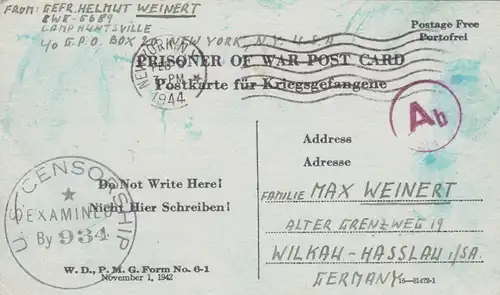 PoW - Post card New York to Wilkau-Hasslau, 2x centor, US+OKW
