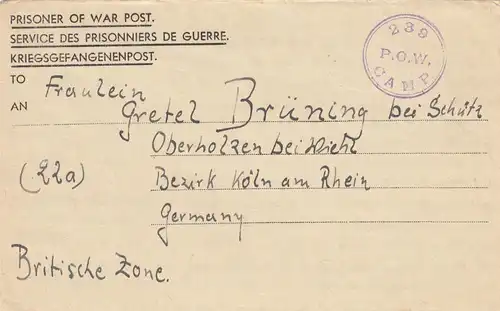 1947 PoW - Kgf Post, GB Bausteerd Surrey to Oberholzen près de Wiehl