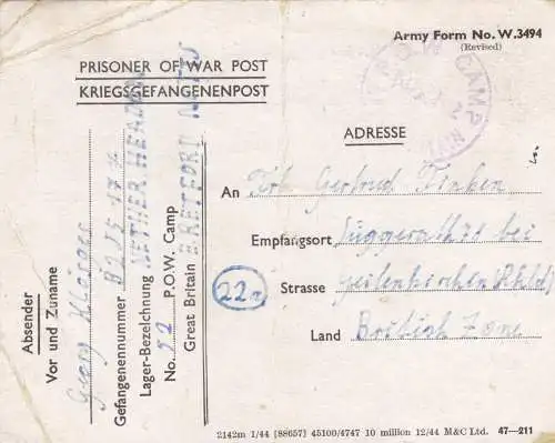 1940 PoW-Kgf Post, GB Eretford, to Gereniker