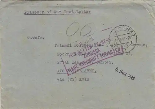 1946 PoW-Kgf Post to APO US Army via Cologne Retour pour better address incl. letter