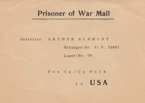 Prisoner of War Mail, addressed to camp 58, USA, printed