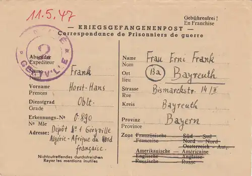 1947: POW, Kgf-Post, Algérie, Afrique du Nord à Bayreuth