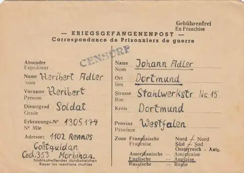 1946: POW, Kgf-Post, Frankreich Rennes to Dortmund, censor