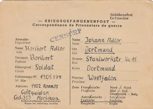 1946: POW, Kgf-Post, Frankreich Rennes to Dortmund, censor
