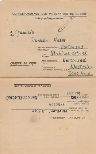 1946: POW, Kgf-Post, France Rennes to Dortmund, cessor