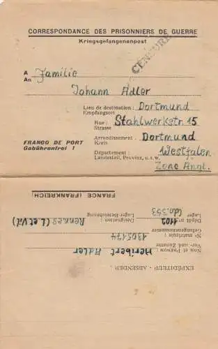 1946: POW, Kgf-Post, Frankreich Rennes to Dortmund, censor