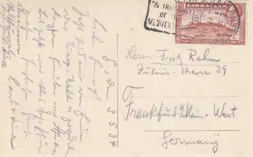 Gibraltar 1934: post card to Francfort.