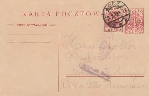 1919: post card Lodz to Schleiz