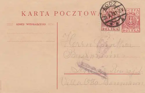 1919: post card Lodz to Schliz