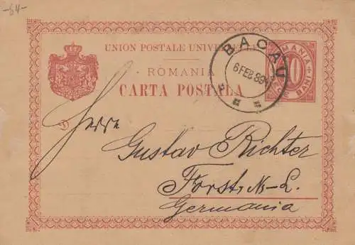 Romania: 1889 post card Bacau to Forst