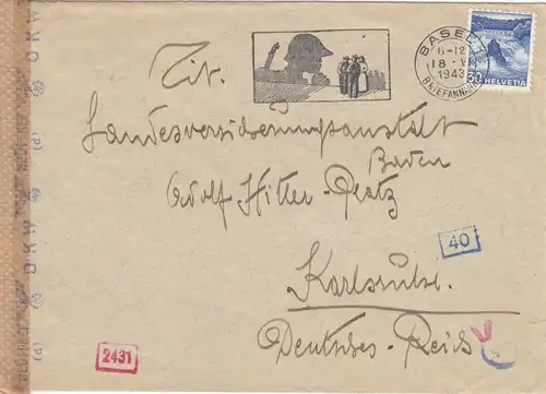 1943: Bâle to Karlsruhe, timbre publicitaire Psst, pas trop fort-ennemi, censure