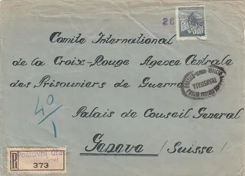 1945: Registered Horni Sucha to Genève, one stamp lost