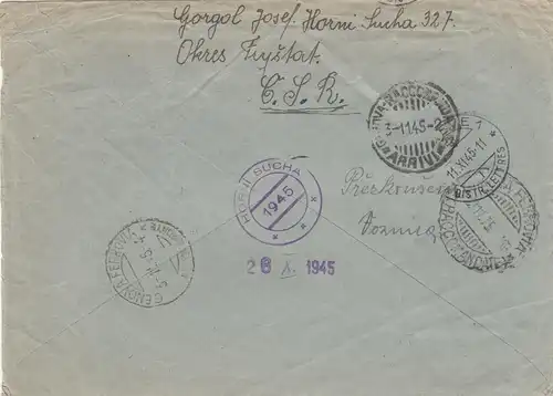 1945: Registered Horni Sucha to Genève, one stamp lost