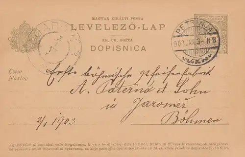1903: Petrinja, post card to Jaromez / Böhmen
