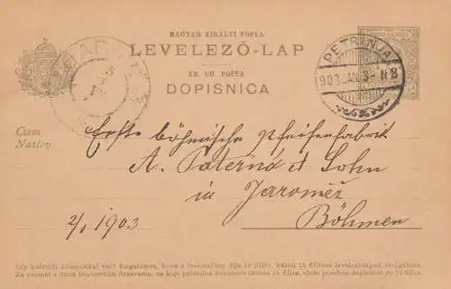 1903: Petrinja, post card to Jaromez / Bohême