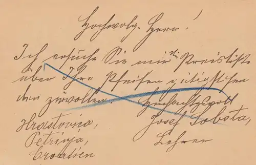 1903: Petrinja, post card to Jaromez / Böhmen
