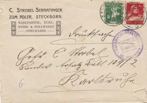 2x Lettres 1918: Sktborn à Karlsruhe, poste de contrôle, droit de la guerre