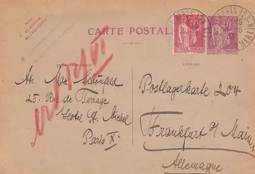 1933: post card Paris to Frankfurt