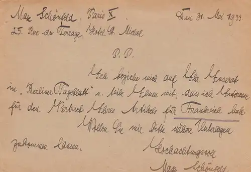 1933: post card Paris to Frankfurt