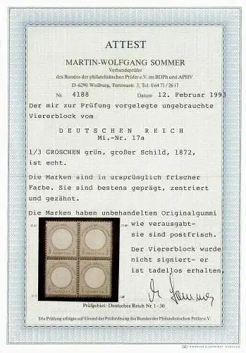 DR: MiNr. 17a, Viererblock, **, postfrisch, BPP Attest