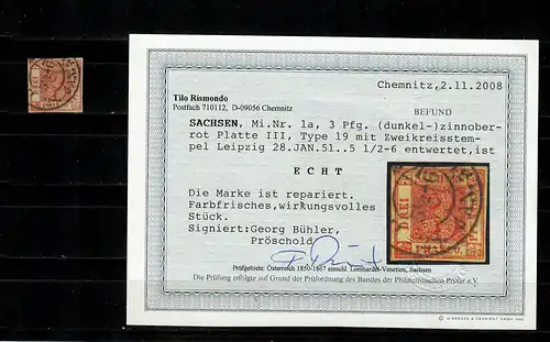 Saxe: MiNr. 1a, stampt Leipzig, Doppekreisszepf, BPP Attest