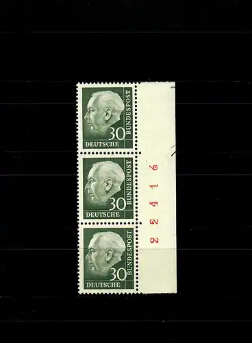 MiNr. 259y, Rand-3er-Streifen, Bogenzähl-Nr., Schnittvermerke, postfrisch **