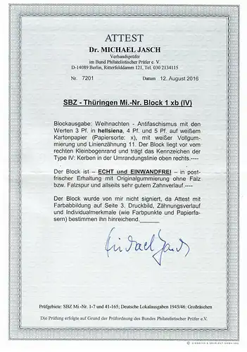 SBZ: MiNr. Block 1xb (IV), postfrisch, **, BPP Attest