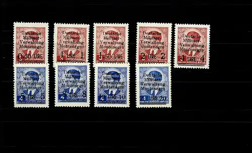 Montenegro: MiNr. 1-9, Falzspur, * mit 1I, 3I und 9III