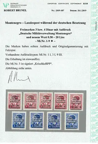 Montenegro: MiNr. 1-9, Falzspur, * mit 1I, 3I und 9III