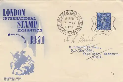 1950: London International Stamp exhibition to Webb City, Missouri/USA