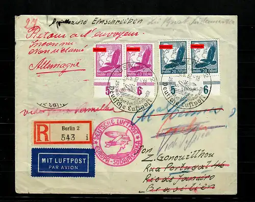 DR: lettre postale R, 1937: Zeppelin Amérique du Sud à Rio de Janeiro, Mi.532/4 HAN