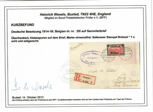 DR: MiNr. 25I, Eckrand, auf R-Brief Brüssel nach Zeitz, Zensur, seltener Stempel