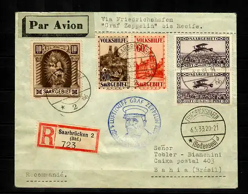 Volkshelp Saar, 3x recommandé Sarrebruck, comte Zeppelin jusqu'à Recif jusqu 'au Bahia
