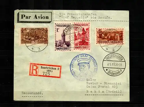 Volkshilfe Saar, 3x Einschreiben Saarbrücken, Graf Zeppelin bis Recif nach Bahia