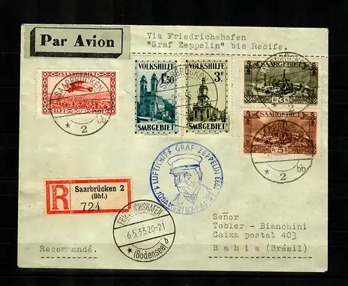 Volkshilfe Saar, 3x Einschreiben Saarbrücken, Graf Zeppelin bis Recif nach Bahia