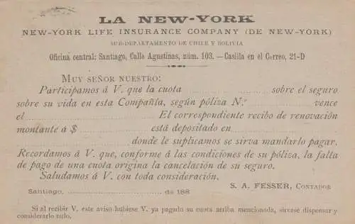 1892: carte postale NY Life assurance to Santiago