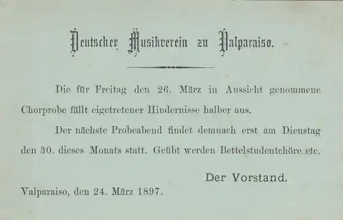 1897: Post card Valparaiso, Deutscher Musikverein