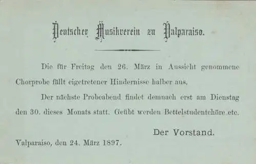 1897: post card Valparaiso, Deutscher Musikverein