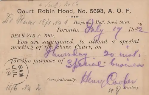 1882: post card Toronto, Court Robin Hood