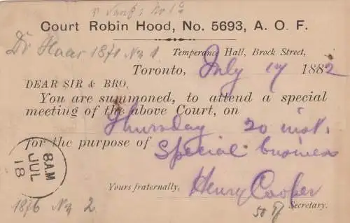 1882: post card Toronto, Court Robin Hood