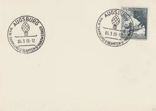 Blanko Sonderstempelbeleg 1939: Augsburg: Sammlung d. Beamten u. Handwerker