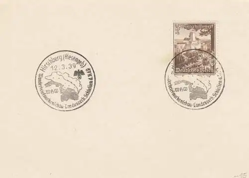 Blanko Certificat spécial de timbre 1939: Hirschberg: Wandermarktschäftsschau Landesverb.